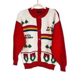 Vintage Christmas Knit Cardigan Sweater Red XL Rainbow 90s Holiday Festive Chic